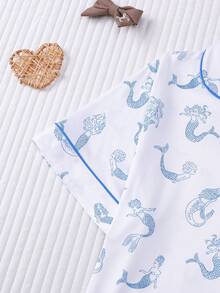 Bộ đồ ngủ nữ 2 món mùa xuân/hè, họa tiết nàng tiên cá dễ thương, áo tay ngắn cổ bẻ thoải mái và quần short cạp chun, thích hợp cho các bữa tiệc, hoạt động ngoài trời và mặc ở nhà. - Màu xanh lam - Xem 6