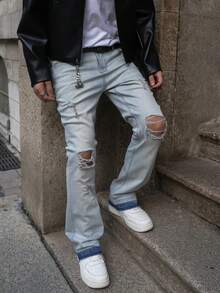 Men's Light Wash Distressed Stretch Slim Fit Flare Leg Jeans, American Casual Street Style Ripped Denim Pants, All Season - Light Wash - View 3