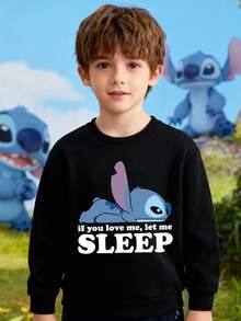 Disney Stitch's "Sleepy" Pattern Print, Soft And Warm Boys' Hoodie, Suitable For Daily Casual Wear, Family Outings And Other Scenarios. - 黑色 - 查看 2
