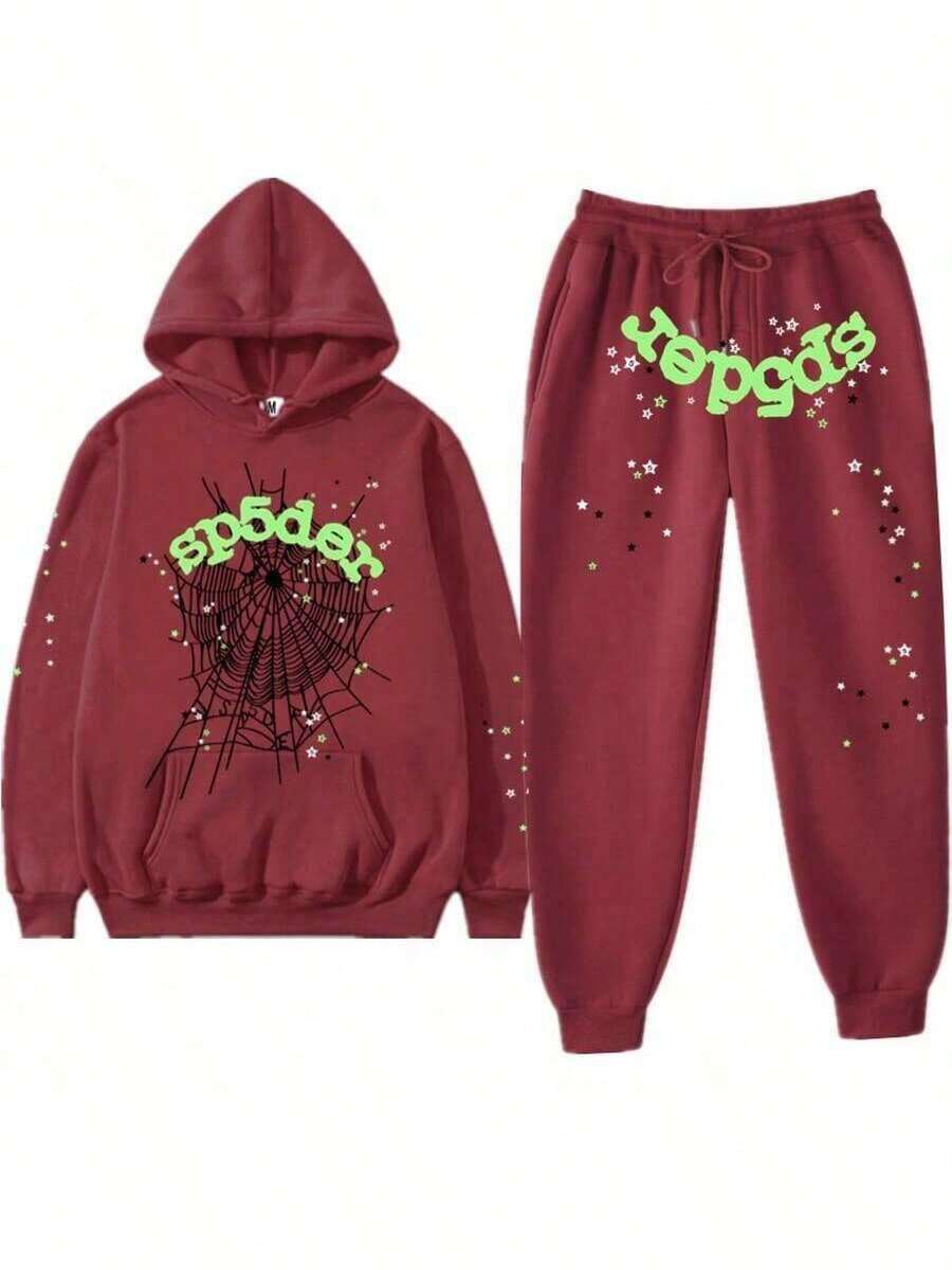SP5DER Letter Print Unisex Two-Piece Set Hoodie Printed Sweatshirt Letter Sports Casual Jogger Pants Long Pants - 風格 - 查看 1