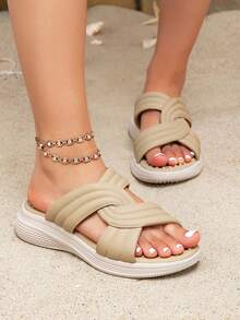 Damen Aprikose Runde Zehenkappe Dicke Sohle PU Leder Sandalen, Mode Lässig Vielseitig Strand Urlaub Bequeme Flache Sandalen, Frühling/Sommer - Aprikosenfarben - Übersicht 11