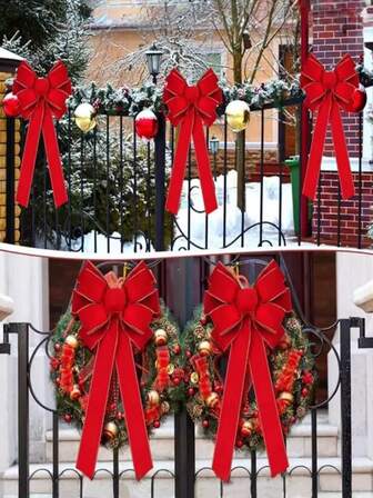 Red Christmas Bows Outdoor Decorations Large Christmas Tree Top Bow Velvet Wreath With Glitter Gold Edge Front Door Decoration