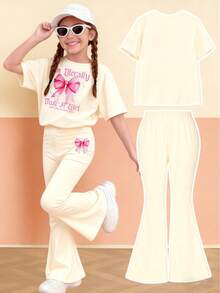 Tween Girl Casual Bow Graphic Short Sleeve Loose T-Shirt And Flare Pants Elegant Girl Outfit, Back To School/School Clothes