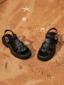 Thick Sole Soft Comfortable Casual Sandals, Hook & Loop Closure Open Toe Fashion Sandals - Black - View 5