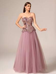 VIPGIRL Đầm dạ hội dài, sang trọng, không dây vai, dáng xòe, chất liệu lưới, đính sequin, điểm nhấn là các chi tiết sequin tương phản. - Hồng - Xem 5