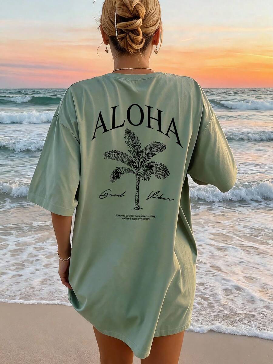 女士春夏新款棕榈树标语印花休闲圆领短袖T恤，时尚度假风，图案T恤，度假装