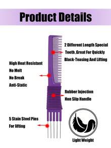 1PC Hair Styling Comb With 5 Steel Pins Lift Teasing Comb Fine Tooth Detangling Hair Comb ,Hair Styling Tools Hair Accessories - Multicolor - View 10