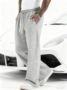 Pantalones de chándal holgados de pierna ancha con cordón en la cintura para hombre, otoño/invierno - Gris Claro - Ver 3