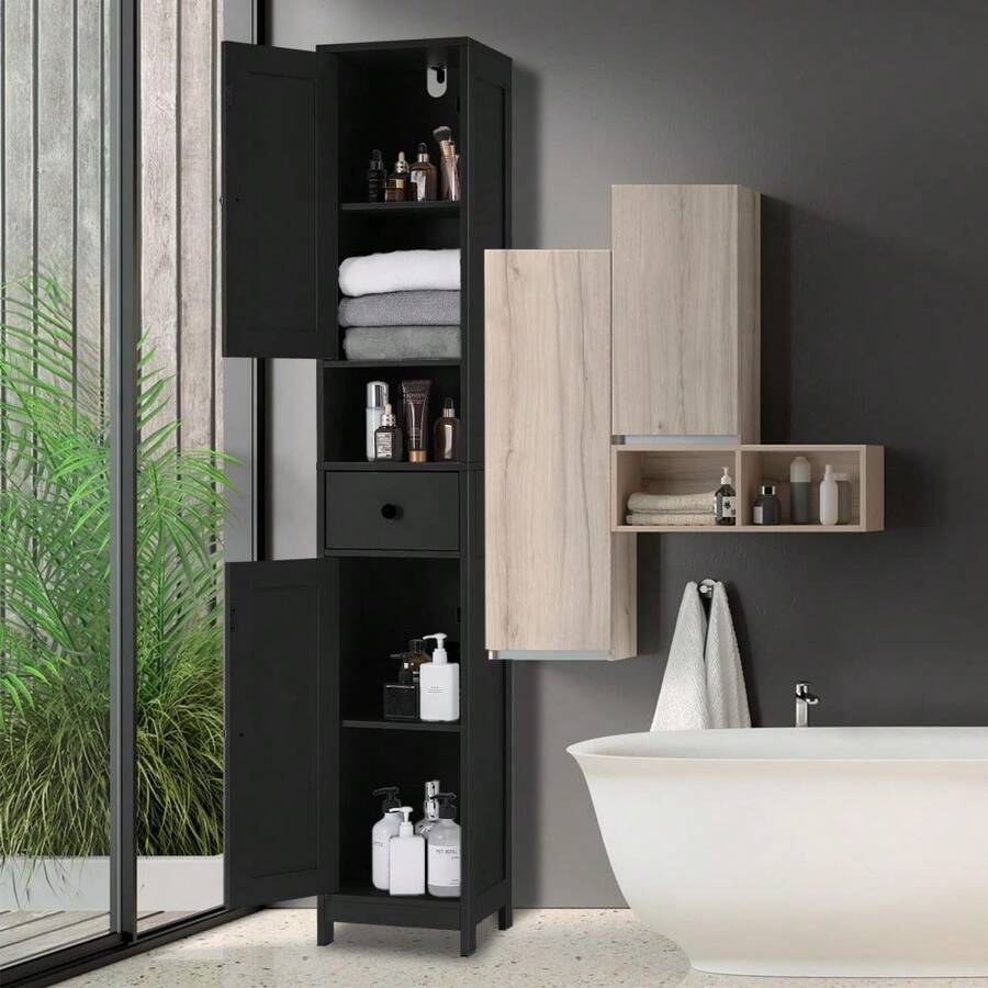 TEQIN 66.9" Tall Narrow Bathroom Storage Cabinet With 1 Drawer & 2 Door Cupboard, Adjustable Shelves, Open Shelf, Metal Handles And Hinges, Space-Saving Organizer For Bathroom, Kitchen, Or Living Room - 黑色 - 查看 1