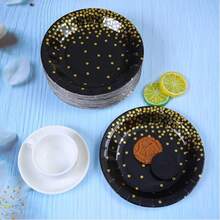 7-Inch/9-Inch Disposable Gold Foil Polka Dot Black Paper Plates, Leak-Proof Thickened Paper Plates | 3-Second Cleanup | Party Disposable | Camping & Household Stocking | Cake Plates, Birthday Party, Holiday Events, Graduation, Thanksgiving, Christmas Tableware - Black Combination With Gold Foil Polka Dots - View 5