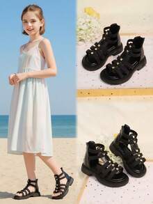 1 Pair Black Roman Sandals For Teenage Girls, Soft Leather & Fabric Woven Patchwork, Gold Buckle Decor, Zipper Back, Open Toe, Non-Slip Soft Sole, Fashion & Cute, Suitable For 3-15 Years Old Girls Daily, Beach, Campus, Holiday Wear, Spring/Summer 2026 - Black - View 1