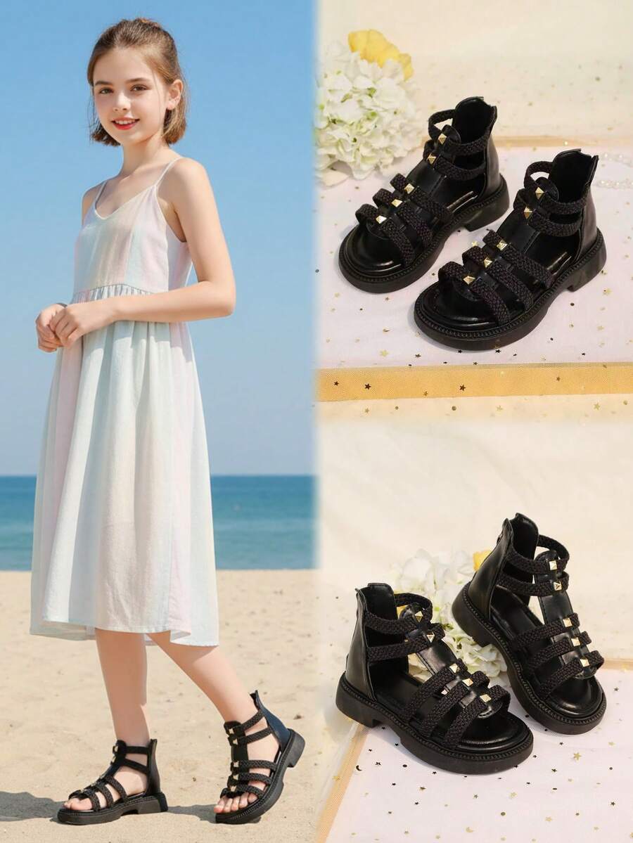 1 Pair Black Roman Sandals For Teenage Girls, Soft Leather & Fabric Woven Patchwork, Gold Buckle Decor, Zipper Back, Open Toe, Non-Slip Soft Sole, Fashion & Cute, Suitable For 3-15 Years Old Girls Daily, Beach, Campus, Holiday Wear, Spring/Summer 2026 - Black - View 1