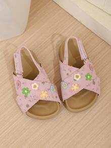 1 Pair Girls Cute Floral Open Toe Beach Sandals, Criss-Cross Strap Flat Casual Slippers For Outdoor Wear - Pink - View 4