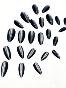 24 piezas de calcomanías de uñas de ojo de gato, forma de almendra mediana, color negro, reutilizables, uñas postizas de cobertura completa, estilo minimalista, acabado brillante, adecuadas para mujeres y niñas, uso diario - Negro - Ver 3