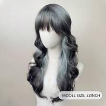 Women's Long Curly Hair With Bangs, Gray-Green Gradient Black Layered Curly Wig, Made Of Heat-Resistant Synthetic Fiber, Fashionable And Unique, Suitable For Everyday Wear, Vacations, Music Festivals And Parties, And Cosplay. - Ombre - View 7
