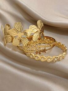 优雅花卉手镯，女士厚款金色可叠戴手镯，不锈钢宽口手镯，适合日常佩戴、派对装扮、珠宝首饰和圣诞礼物 - 彩色 - 查看 9