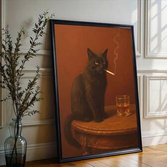 1 pieza/Set Obra de arte de pared de lienzo de gato negro, pintura al óleo de un gato fumando un cigarrillo con alcohol, impresión divertida de animales y carrito de bar caprichoso, decoración de pared para bar, pub, cueva de hombre, dormitorio, sala de estar, oficina, comedor, cocina, sala de estudio, pasillo, dormitorio, sin marco