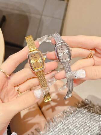 1 pieza Reloj pulsera de acero inoxidable para mujer, estilo minimalista casual y elegante europeo y de Oriente Medio, color dorado vintage, regalo de cumpleaños y festividades