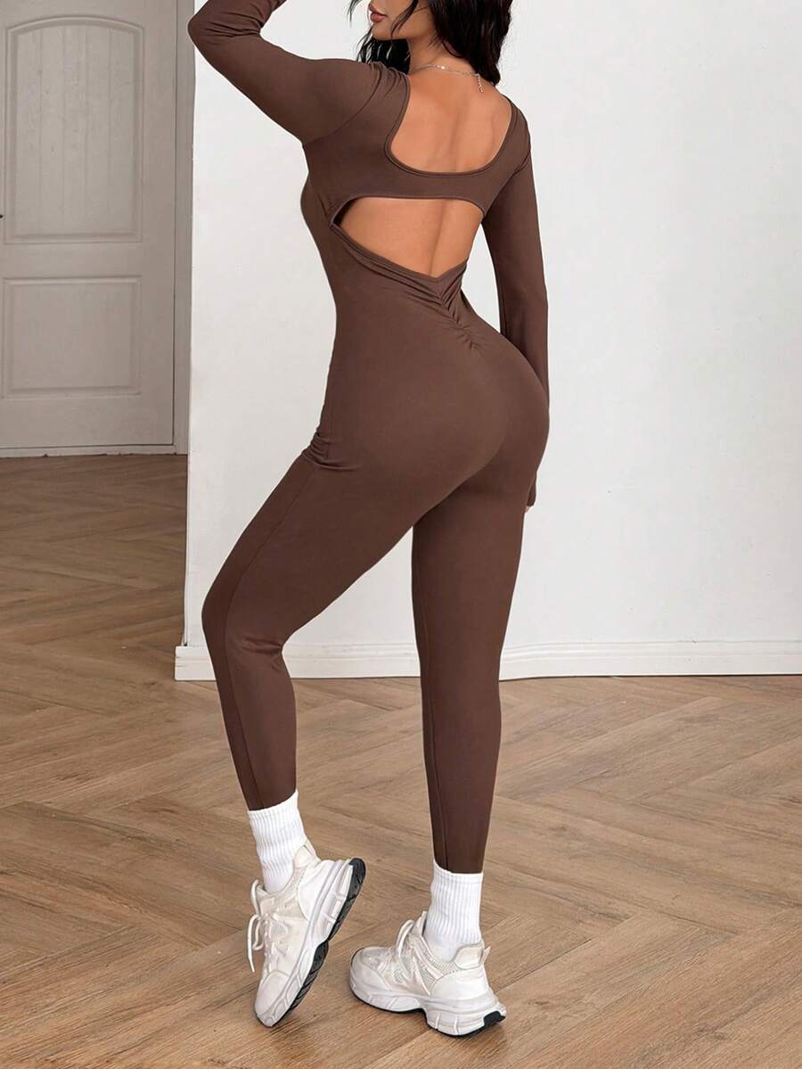 AiTyi 女士连体裤，修身休闲日常褶皱露背镂空舒适时尚性感修身户外运动百搭款，适合毕业、返校、圣诞节、新年、秋冬季针织长袖连体裤 - 棕色 - 查看 1