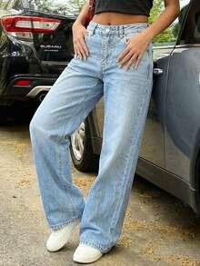 Casual Retro Loose Straight Wide-Leg Button Women Jeans - Light Wash - View 5