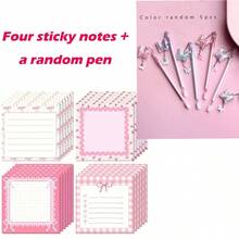 1pc Glitter Butterfly Decorative Gel Pen + 4pcs Sticky Notes; Butterfly Shaped Memo Pad - 3 Inches X 3 Inches, Cute Pink Heart & Bow Design With Ribbon Bookmark; Suitable For School, Office, Diary, Party Favors, Ladies Stationery, High Quality Paper, Office Supplies. - Multicolor - View 3