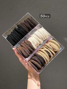 50个装女士黑色和卡其色简约百搭高弹力发圈马尾辫发绳发圈橡皮筋发圈发绳，发圈，运动健身服饰发饰头饰弹力带 - 彩色 - 查看 9