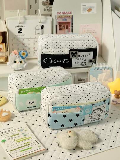 1pc Polka Dot Music Pencil Case, Cute Kitty Cartoon Polka Dot Star Style Stationery Storage Bag, Student Back To School Gift Office Supplies