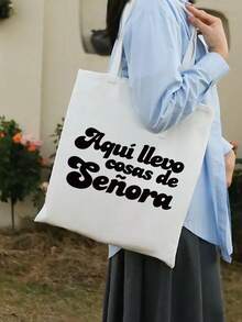 男女通用手提袋套装，包括单肩包和化妆包，简约学院风，印有英文字母，帆布材质，便携购物袋，米色购物袋，白色文具袋，可折叠耐用印花手提袋，妈妈包，健身包，大容量，适合通勤、上学和大学使用，适合作为送给老师、同学、妻子和家人的礼物，圣诞节，感恩节礼物。 - 彩色 - 查看 3