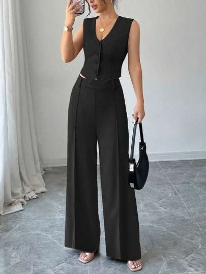 2pcs/Set Women's Business Slim Fit Sleeveless Vest And Straight Leg Pants Suit, Suitable For Daily Commute And Office Wear
