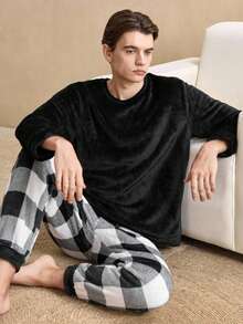 简约男士睡衣套装，保暖抓绒家居服，长袖宽松上衣和长裤，秋冬款