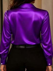 Kemeja Satin Kancing Depan Kasual Terbaru untuk Wanita Ukuran Plus, Cocok untuk Semua Musim Semi - Purple - View 2