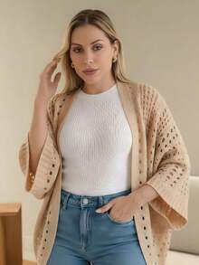 Set Of 2 Women's Cardigan Blouses, Knitted Cape, Openwork Knit, Autumn - 黑/銅色 - 查看 3