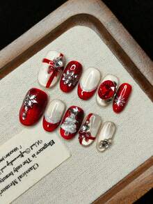 10片/套 手工美甲贴纸，按压式美甲贴，红色法式风格，包含圣诞树、闪粉、猫眼、雪花、星星、钻石花卉图案和3D红色蝴蝶结，女孩新年礼物，可重复使用 - 彩色 - 查看 3