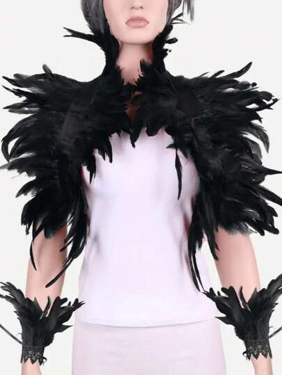 3件套哥特式万圣节服装：黑色羽毛披肩、臂套、巫师/国王角色扮演配饰，适合狂欢节派对、酒吧表演
