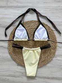 两件套几何图案和热带花卉印花休闲、可爱、优雅、性感波西米亚风系带比基尼套装，女士沙滩度假泳装，春夏款 - 黃色 - 查看 2