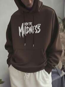 男士休闲时尚街头极限运动卡通印花袋鼠口袋抽绳宽松连帽卫衣，秋冬款 - 棕色 - 查看 2