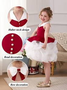 Đầm công chúa màu đỏ tía thanh lịch bằng vải voan thắt nơ cho bé gái, kiểu dáng xòe rộng, thích hợp cho tiệc sinh nhật lần thứ nhất của bé, tiệc chiêu đãi, các dịp trang trọng, đám cưới, tiệc tùng, lễ hội. - Màu Đỏ Sâu - Xem 4