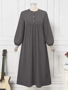 Women's Elegant & Comfortable Abaya Style Round Neck Button Down Dress, Quick Ship Spring - Dark Grey - View 4