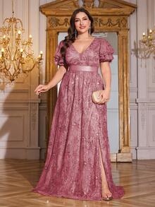 XUIBOL Hochwertig dehnbares, elegantes Pailletten-Patchwork-Kleid in superenganliegender Passform, Große Größen mit V-Ausschnitt, ideal für Abendveranstaltungen, Cocktailpartys, Hochzeiten, Jahrestage, Familienfeiern, formelle Galas, Bridal-Shower, Geburtstagsfeiern. Luxuriöses, würdevolles Kleid für die Brautmutter mit schweren Verzierungen. - Pink - Übersicht 3