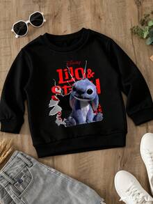 Disney Stitch Live-Action Animated Character Pattern Print, Soft And Warm Boys' Hoodie, Suitable For Boys' Daily Outfits, Parent-Child Outings And Other Scenarios. - 黑色 - 查看 3