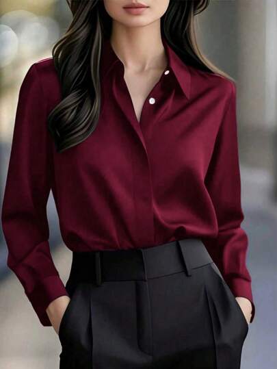 女士优雅纯色长袖衬衫 - 经典领不透光上衣，采用优质面料，适合春、夏、秋季穿着，休闲和职业场合皆宜，可机洗/干洗，流线型设计，质感细腻。