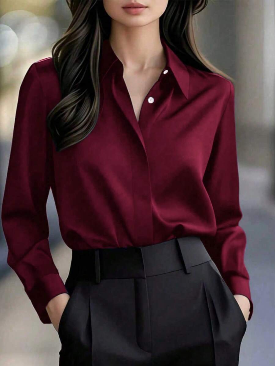 女士优雅纯色长袖衬衫 - 经典领不透光上衣，采用优质面料，适合春、夏、秋季穿着，休闲和职业场合皆宜，可机洗/干洗，流线型设计，质感细腻。 - 酒紅色 - 查看 1