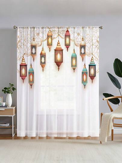 1pc Middle Eastern Style Ramadan Lantern Pattern Sheer Curtain, Lightweight Voile Design, Essential For Living Room & Bedroom Decor, Creates Homely Ambiance, Handmade Rod Pocket