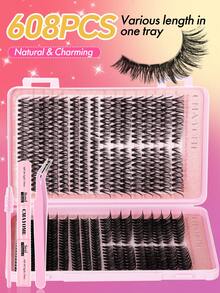 Bộ 608/544 cụm mi giả DIY, độ dài hỗn hợp 10-16mm, 30D+40D/50D+60D/80D+100D, dung tích lớn, vẻ ngoài tự nhiên và mi giả siêu mềm, thích hợp trang điểm hàng ngày, du lịch, tiệc tùng, lễ hội và làm quà tặng cho mẹ hoặc bạn bè - Hồng - Xem 10