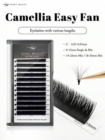 12 Rows Camellia Easy Fanning Eyelash Extension One Second Blooming D Curl Cashmere Premium Mega Volume Classic Individual Lashes Matte Black Professional Soft Natural Lash Premade Fans Mink False Eyelashes Makeup Tools Beauty Salon Lash Artist