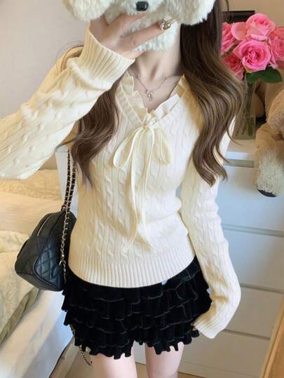 女士春季拼接二合一麻花针织毛衣，红色套头衫