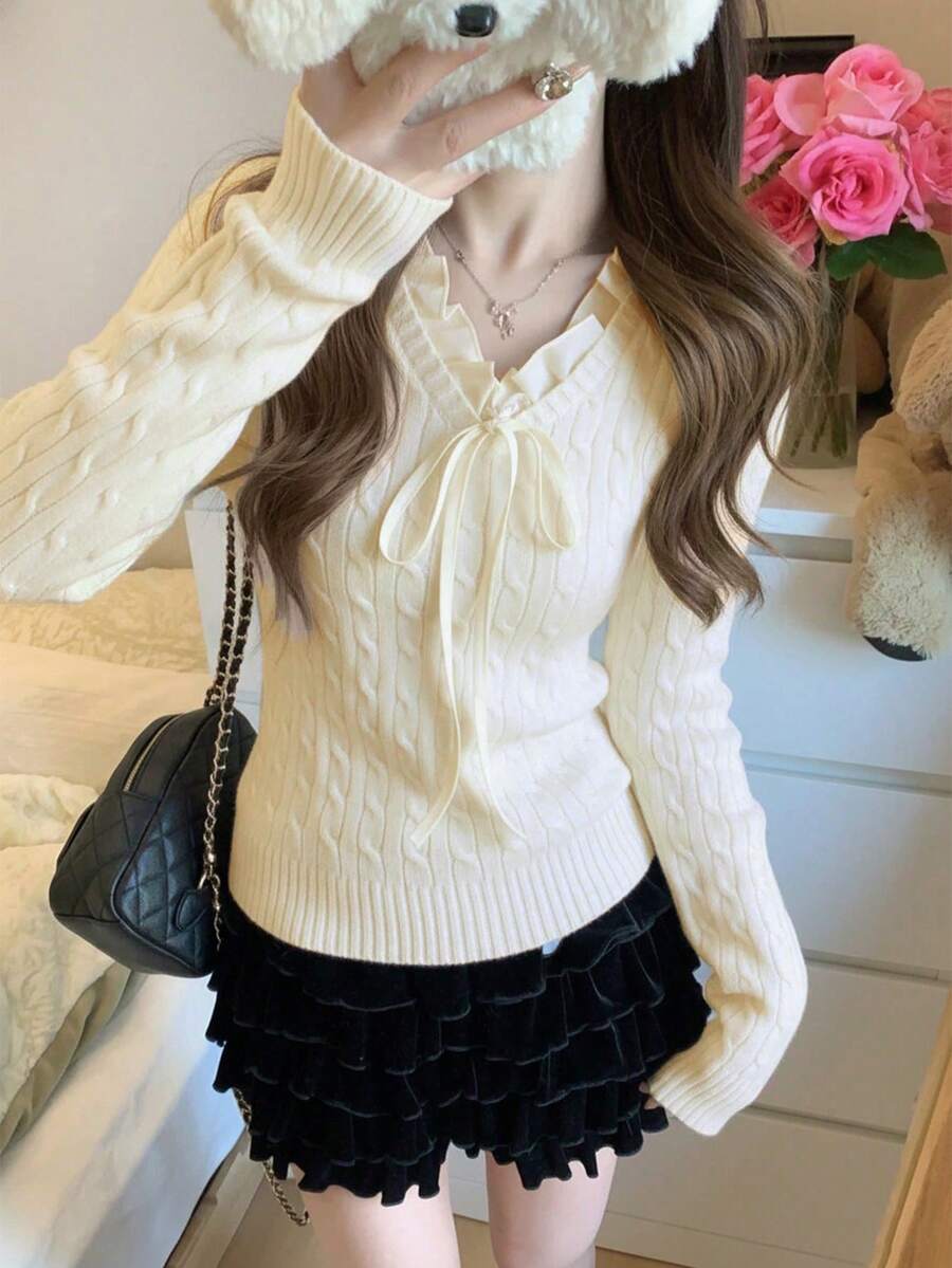 Women's Spring Patchwork 2-In-1 Cable Knit Sweater Red Pullover - Apricot - View 1