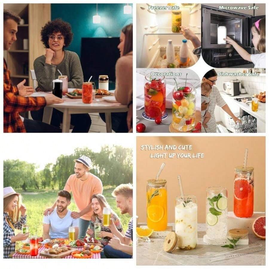 8 PCS 16 Onzas Vasos de Vidrio para Beber, Tipo Lata De Vidrio Con Tapas Popotes Y Cepillo De Limpieza, para Cerveza Taza de Cctel Adecuados de Caf Helado Vasos, Copas Cola Y Zumo 8 - 8 - Ver 1