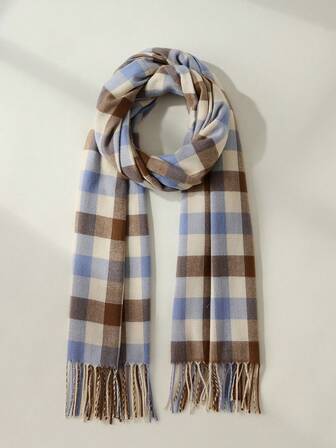 1条冬季彩色格子围巾，保暖仿羊绒面料，舒适毯式围巾，适合日常休闲穿着，秋冬季