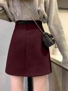 Falda midi de lana de corte asimétrico y cintura alta con diseño de línea A para mujer - Burdeos - Ver 2
